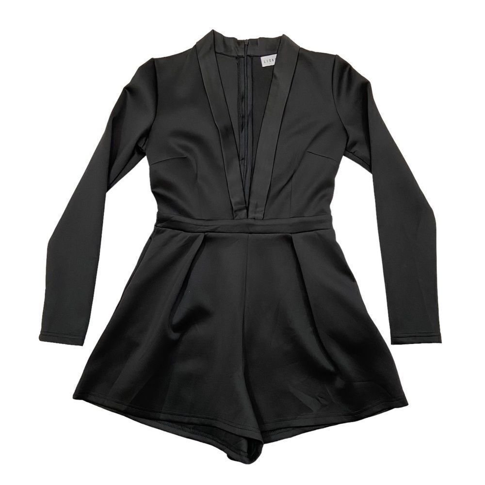 Lioness Beand Black Satin Deep Cut Long Sleeved Romper Size Small